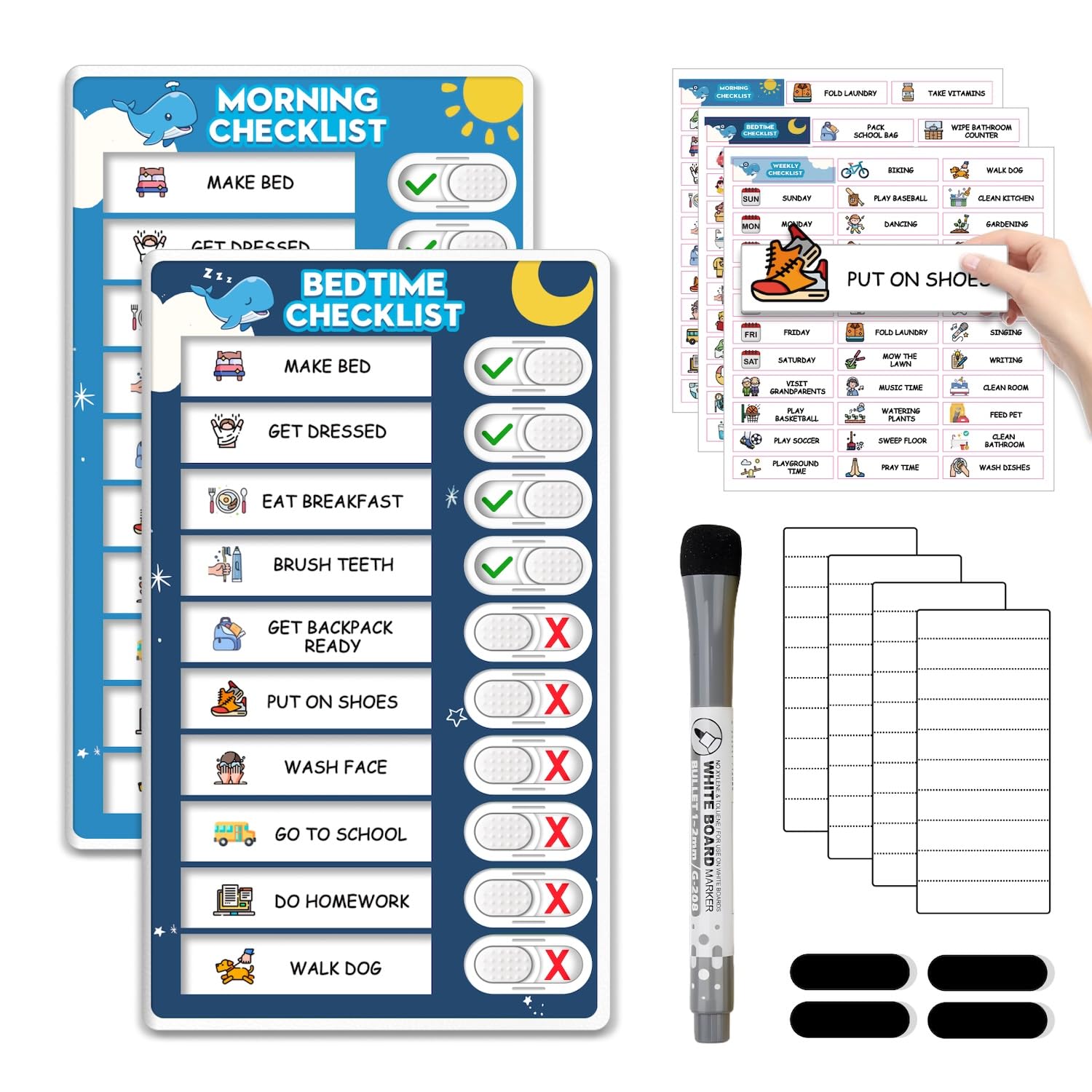 2 in 1 Upgraded Slider Morning/Bedtime Routine Chart for Kids Toddlers - Magnetic Kids Chore Chart for 2 Kids, Dry Erase Chore Chart for Kids, Visual Schedule for Kids with Cute Chore Stickers