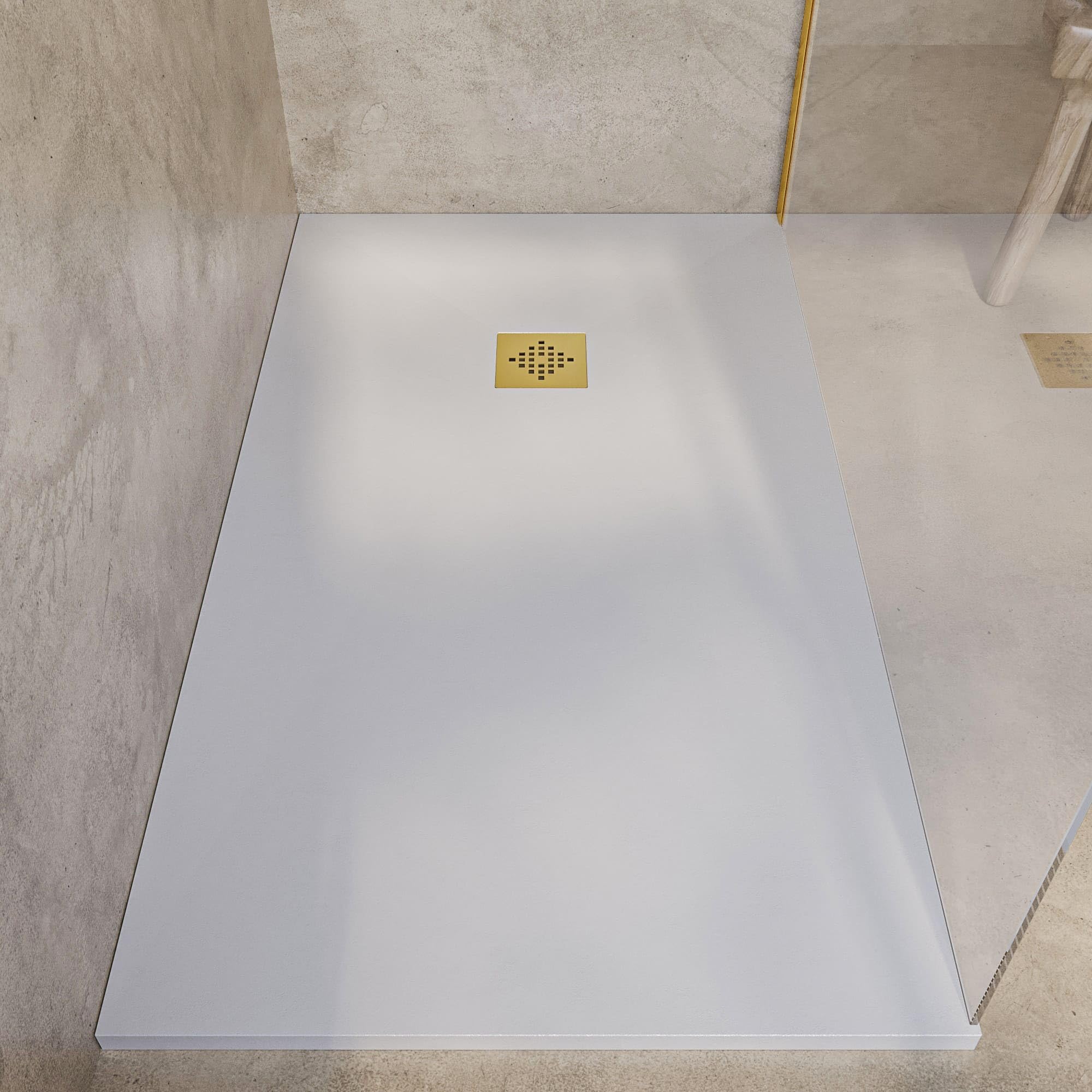 SOULHOME Plato de Ducha - Resina - Gel Coat - Textura Liso Seda - Antideslizante - Color Blanco Roto - 150X75- Extraplano 3cm. Incluye Válvula de desagüe - REJILLA GOLD