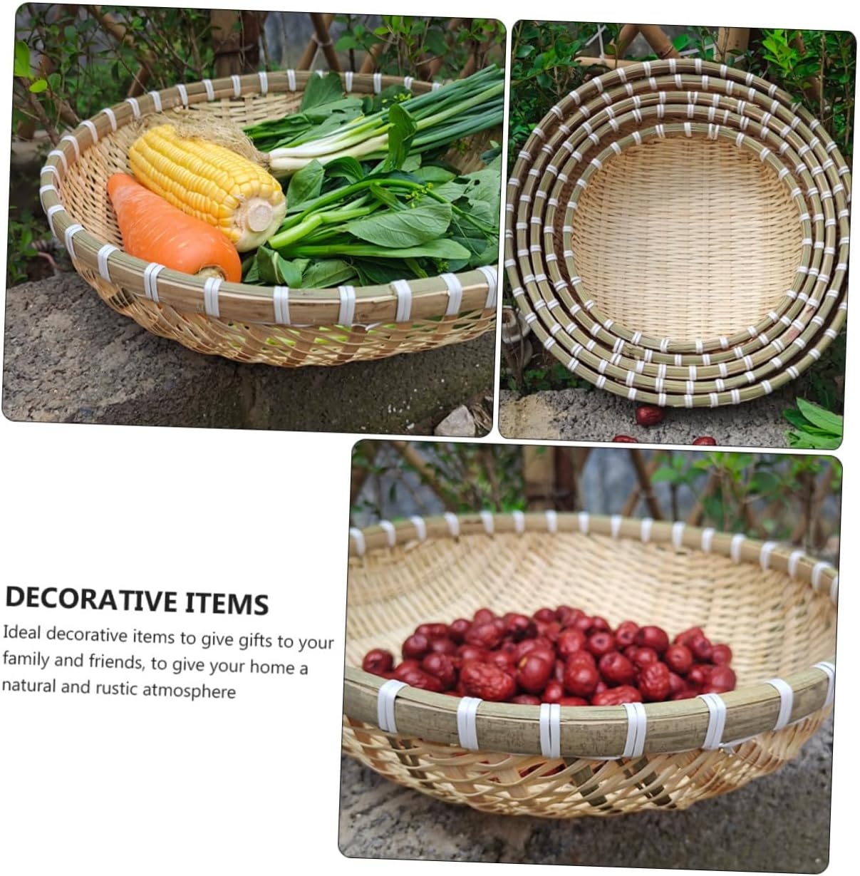 Bread Basket and Fruit Tray Set, 5pcs round Woven Storage Baskets for Kitchen, Vegetable Washing, and Food Serving