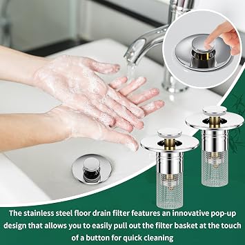 Vodolo 3 in 1 Sink Drain Strainer with Hair Catcher,2PCS Stainless Steel Popup Sink Stopper with Basket for Bathroom Kitchen Shower,Pop-up Bounce Core Floor Basin Drain Filter,Replacement Sink Plug