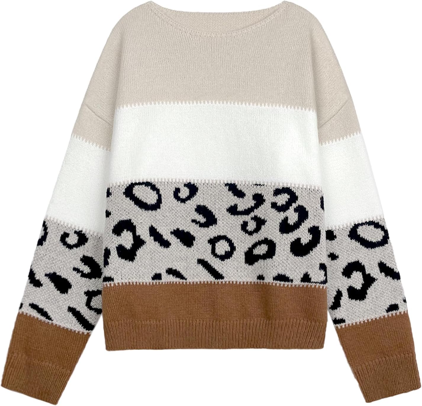 Womens Oversized Cute Color Block Leopard Sweater Fall 2025 Trendy Ladies Dressy Causal Knit Boat Neck Pullover Top - Image 4