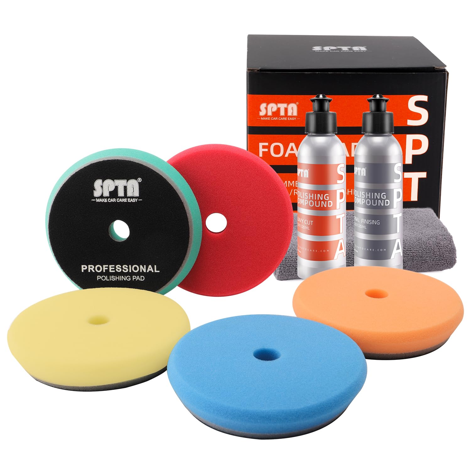 SPTA HD Buffing Polishing Pads, 6 Inch Orbital Buffer Pads Hook and Loop Buffing Pads, Foam Polish Pad 5 Grits from Coarse to Fine for 6 Inch DA Rotary Polisher Compounding, Polishing and Waxing