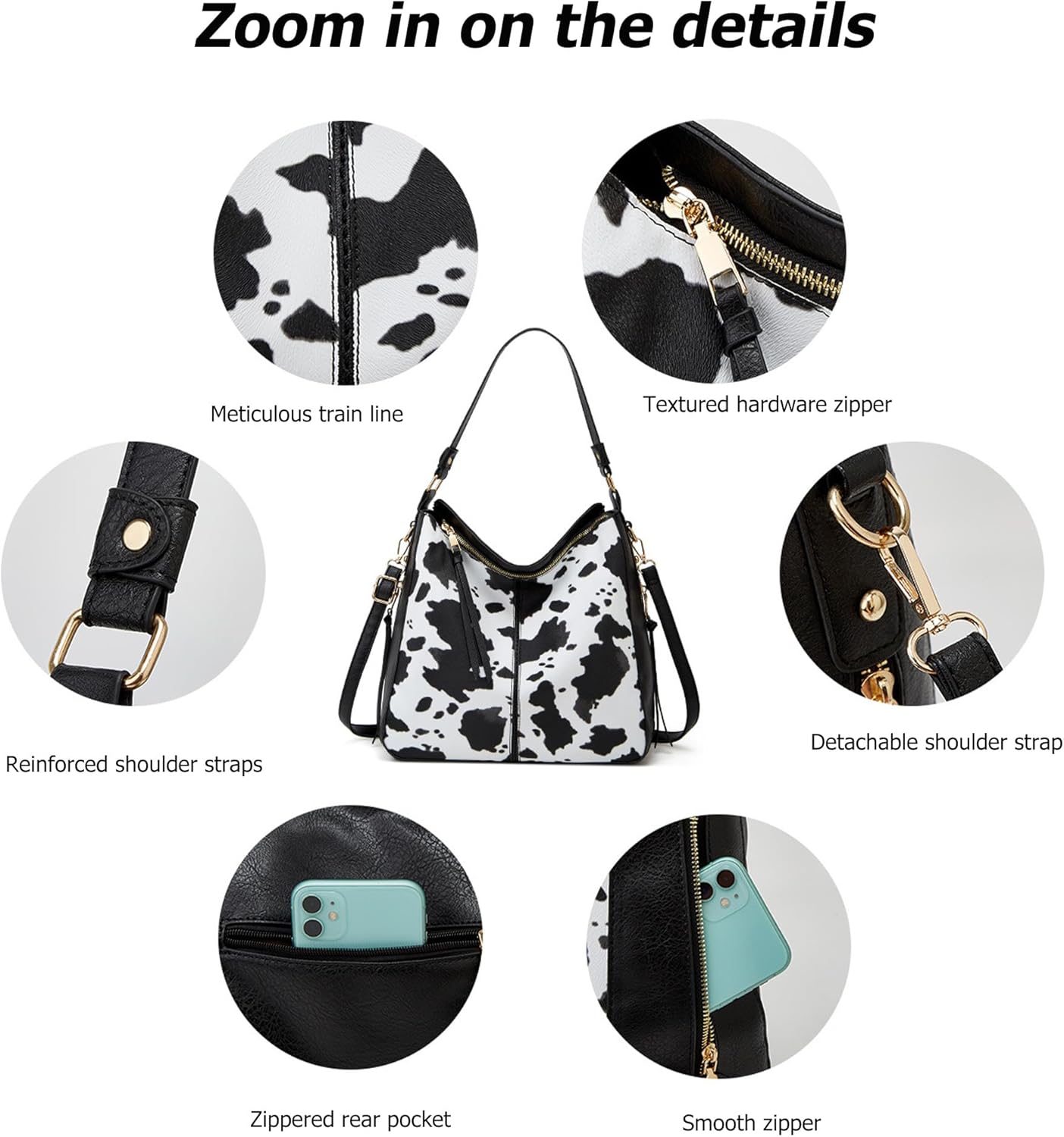 KingTo Women's 3pcs Cow Print Tote Handbag Set Soft Leather Crossbody Shouler Bag Purse with Wallet