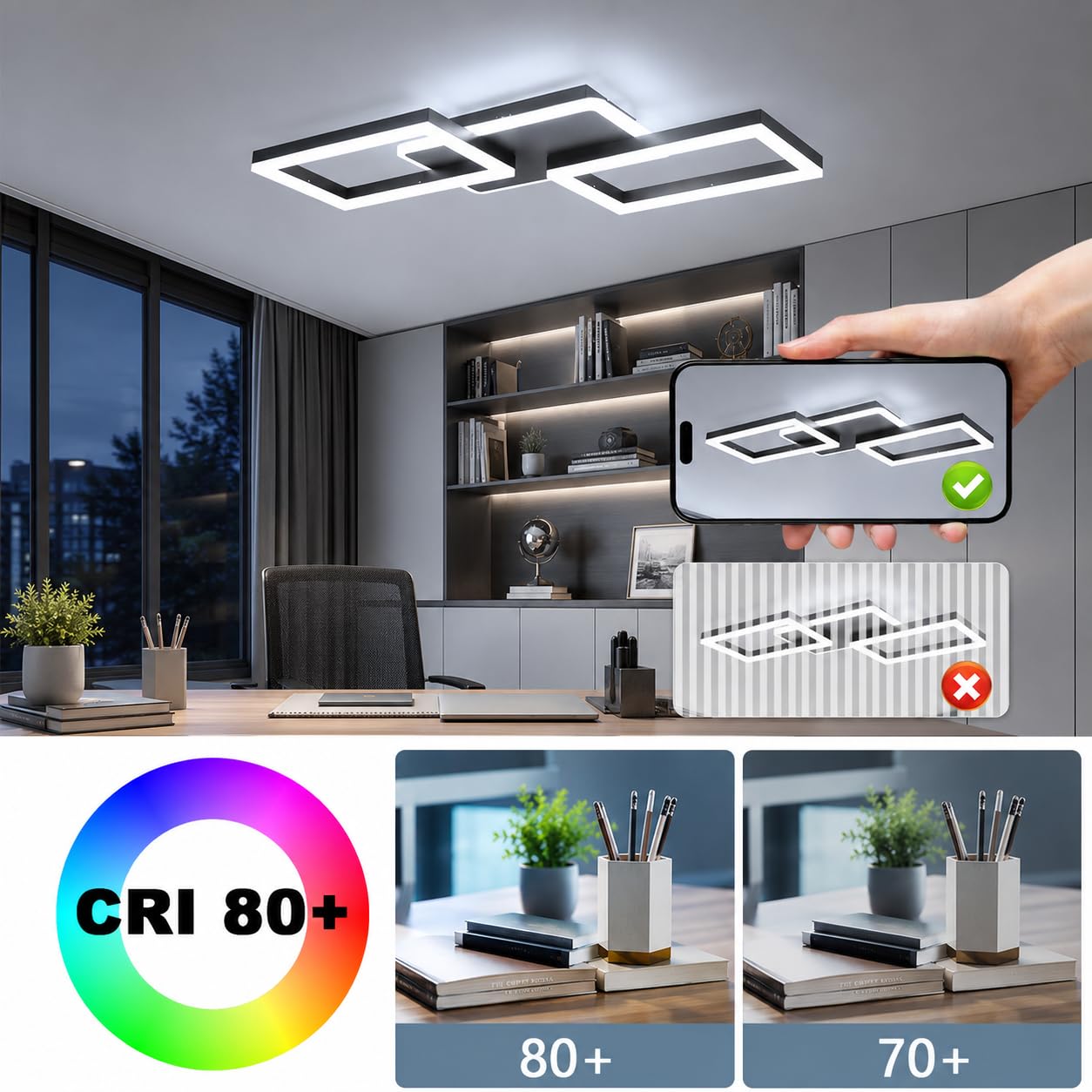 ZMH LED Deckenleuchte Wohnzimmer dimmbar 54cm Deckenlampe Schlafzimmer 48W | Wohnzimmerlampe Schwarz modern Schlafzimmerlampe decke Küchenlampe mit Fernbedienung aus Metall für Küche Esszimmer Büro