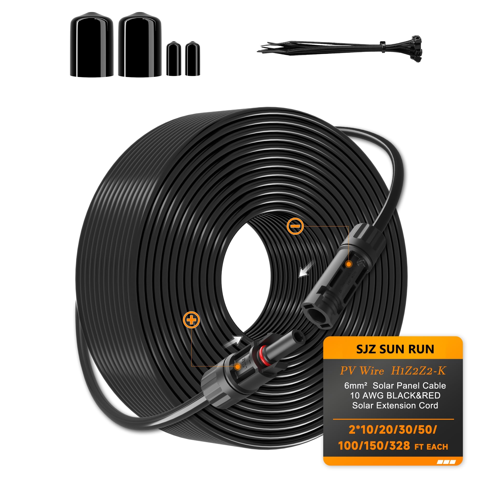 Solar Extension Cable 10AWG 6mm² 328FT PV Panels Wire 10Gauge SJZSUNRUN Adaptor Cables with Female & Male Waterproof Connectors for Outdoors, Marine, Photovoltaic 328Ft (100m) Black