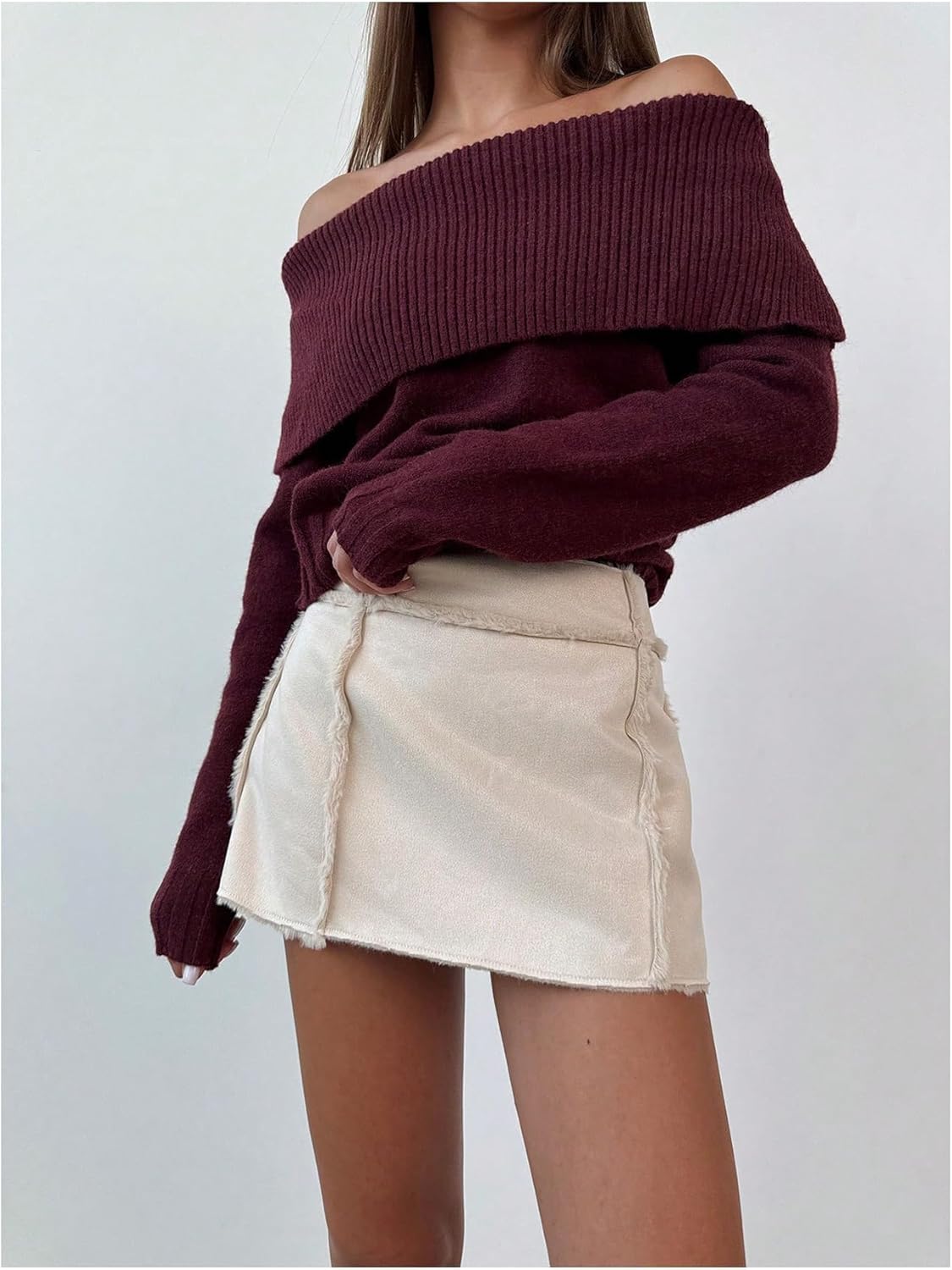 Verdusa Women's Fall Sweaters Off The Shoulder Long Sleeve Sweater Pullover Sweaters Early Fall Clothes Burgundy Medium - Image 5