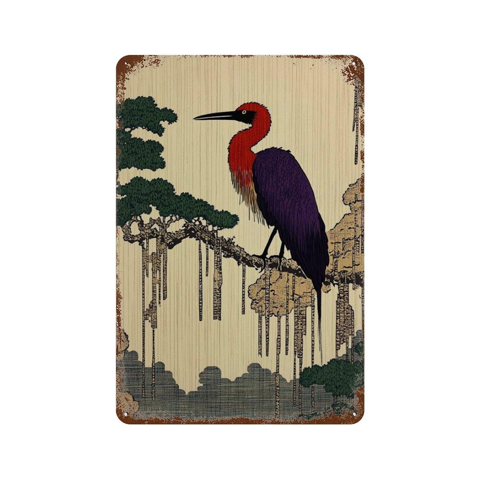xiaoxiaoshen Japanese Heron Oriental Garden Bird Nature Wall Decor Art Metal Tin Poster Modern Home Decor Art Home Bar Shop Decorations Vintage Sign 30x20cm