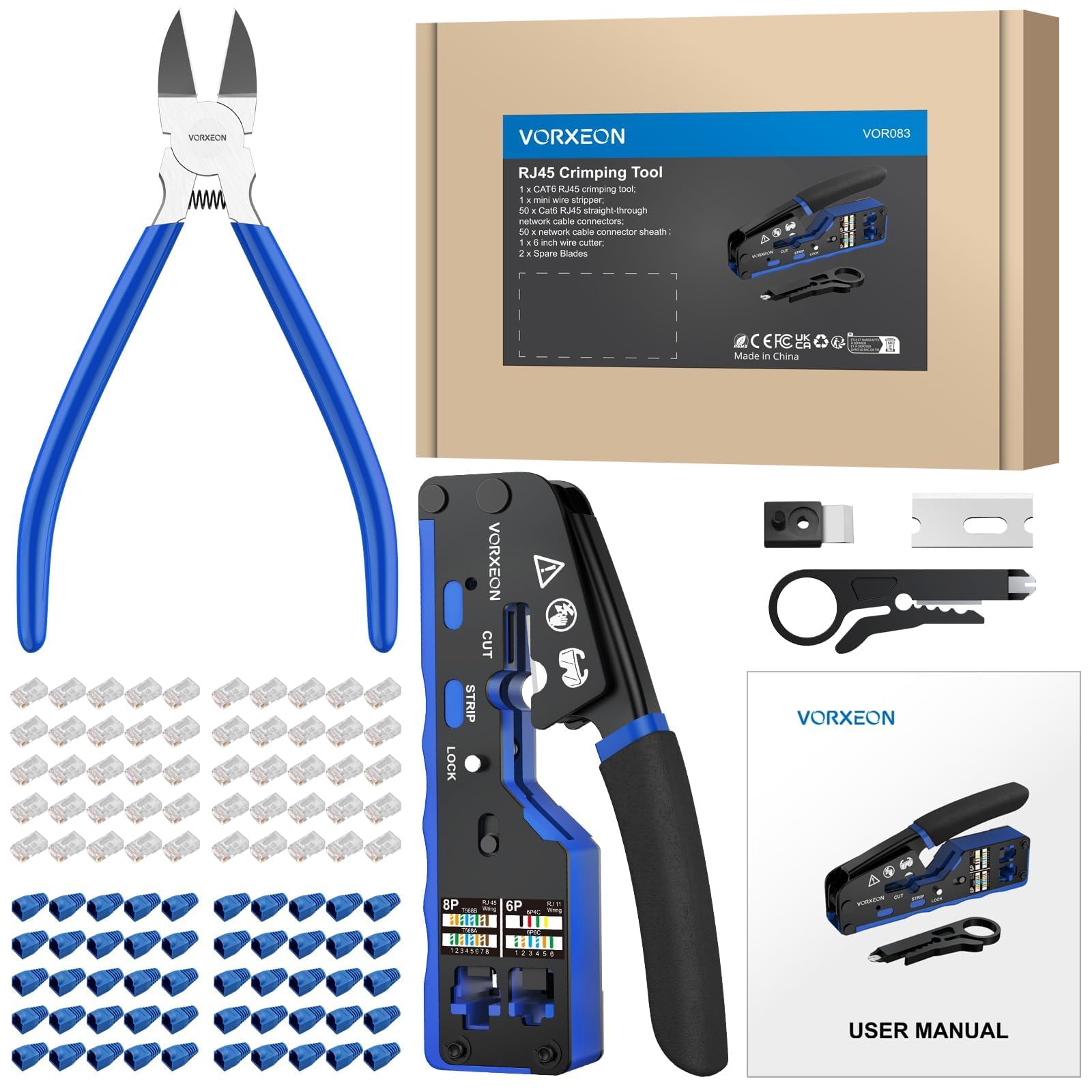 Pince RJ45 a Sertir Connecteurs RJ45 Cat6 Network d’installation Kits pour RJ45 Cat6 Cat5 Cat5e Pass-Thru 8p 6p Câble Réseau Embout rj45