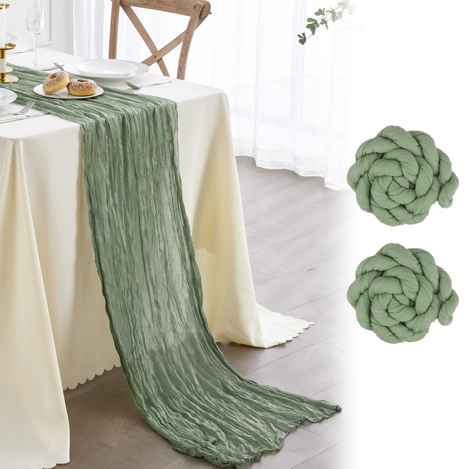 Nialnant Sage Green Gauze Table Runners, 10Ft Holiday Boho Cheesecloth Table Runner for Special Banquets Party, Wedding Reception Bridal Showers Decorations-2 Pcs