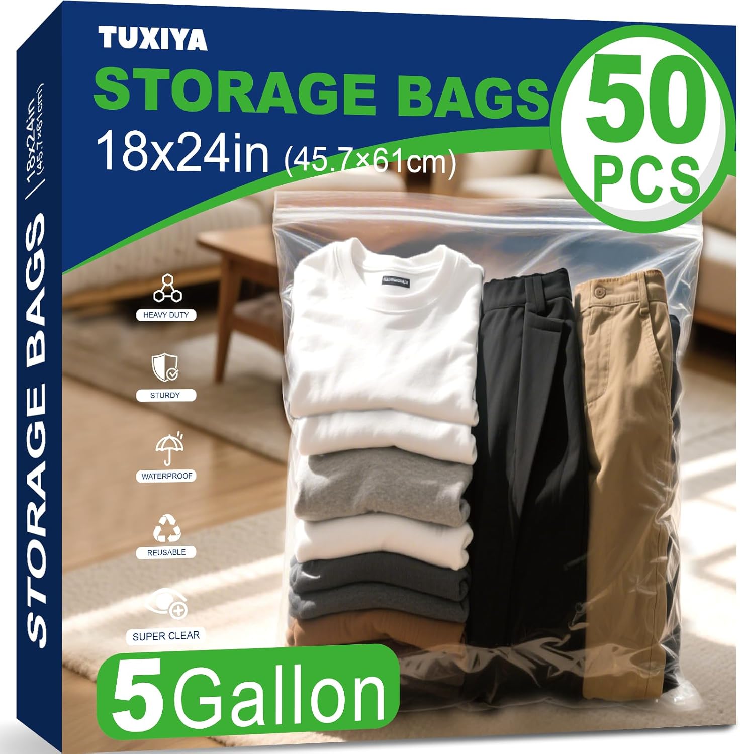 TUXIYA 50PACK 5 Gallon Large Zipper Bags for Storage 18 x 24 Inch, Large Clear Zipper Bags Reusable with Sealable Zippers Top for Clothes, Travel & Moving,Thick 4 Mil