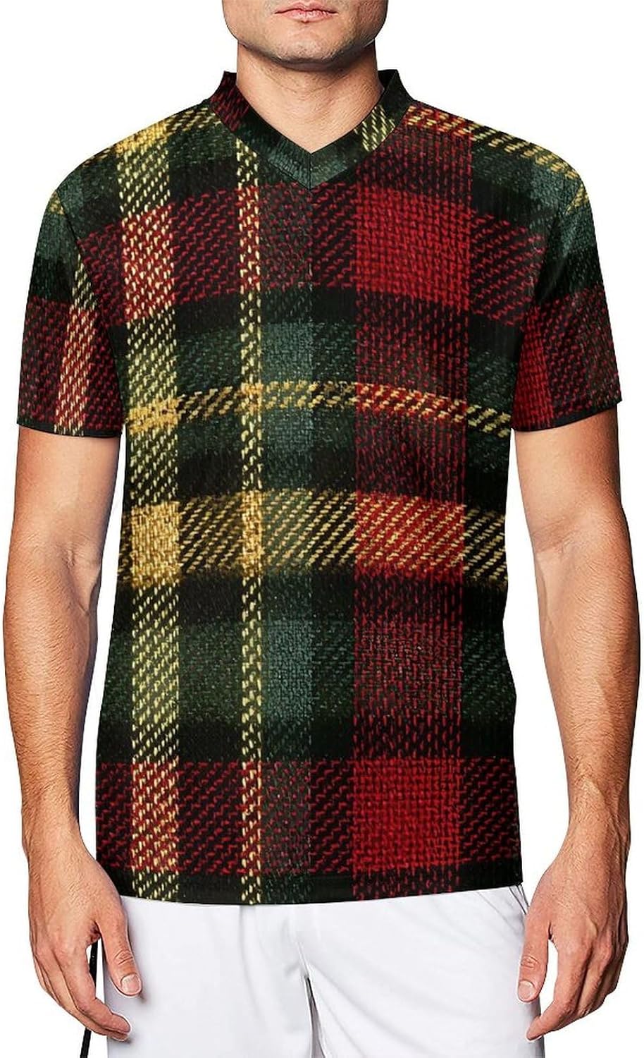 Tartan Plaid Red Green Personalized Soccer Jersey Mens T-Shirts Sports Tops | Breathable Mesh Football Fan Custom Uniform Summer Short Sleeve V-neck