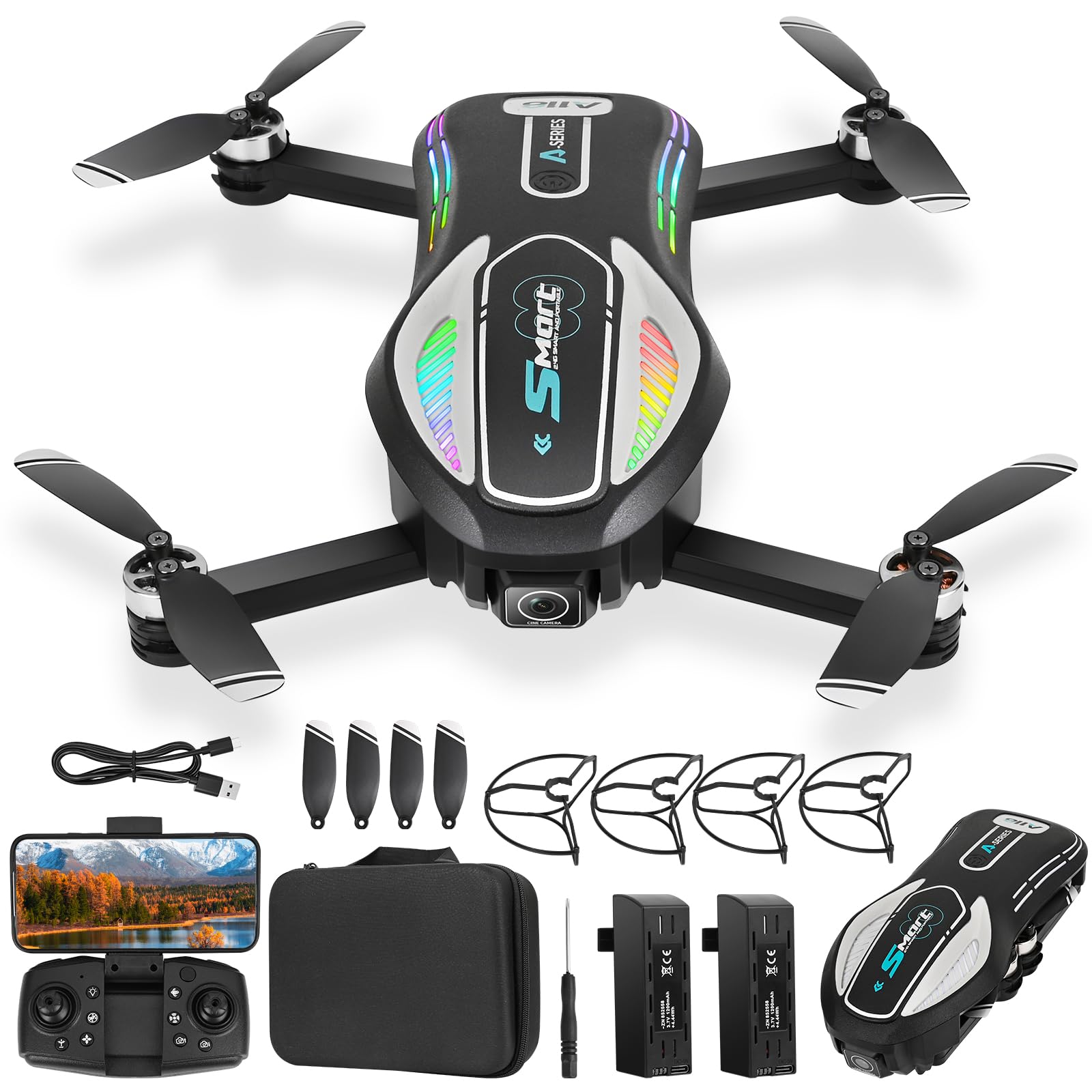 Dron con 2 Cámara 4K HD, GuKKK RC Quadcopter Drone Plegable para Principiantes, 90°Eléctrica ajustable FPV Dron, 2 Baterías, Bolsa Portátil, Juguetes para Niños y Niñas Regalos Navidad (Negro)