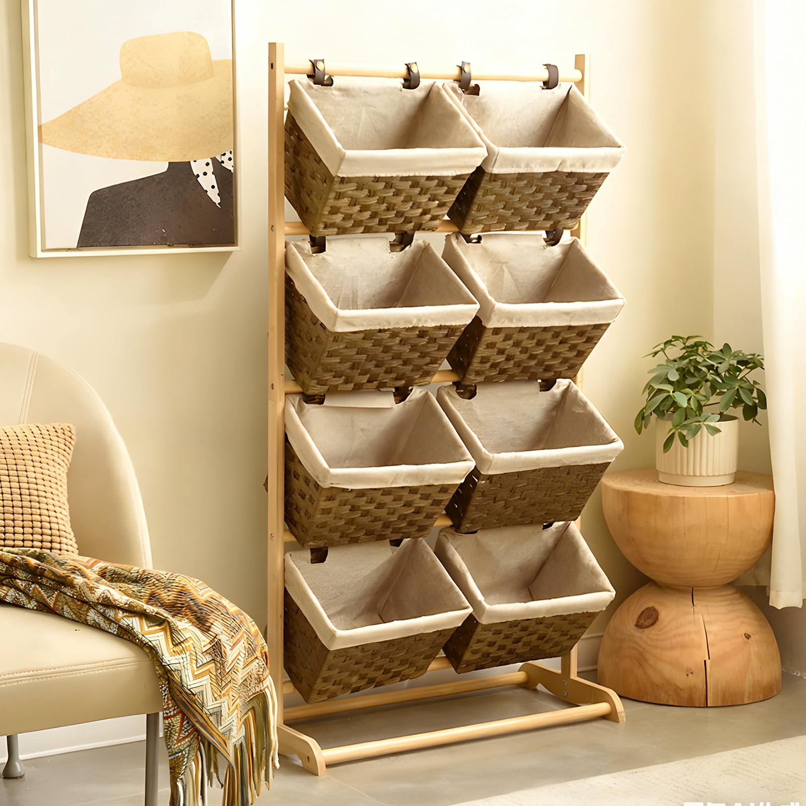 Estantería escalonada con cestas, estante de almacenamiento de 4 niveles con estructura de madera, estante independiente de pie con forro de tela extraíble para frutas (4-Tier-49.6"H×26.6"W×13.8"D)