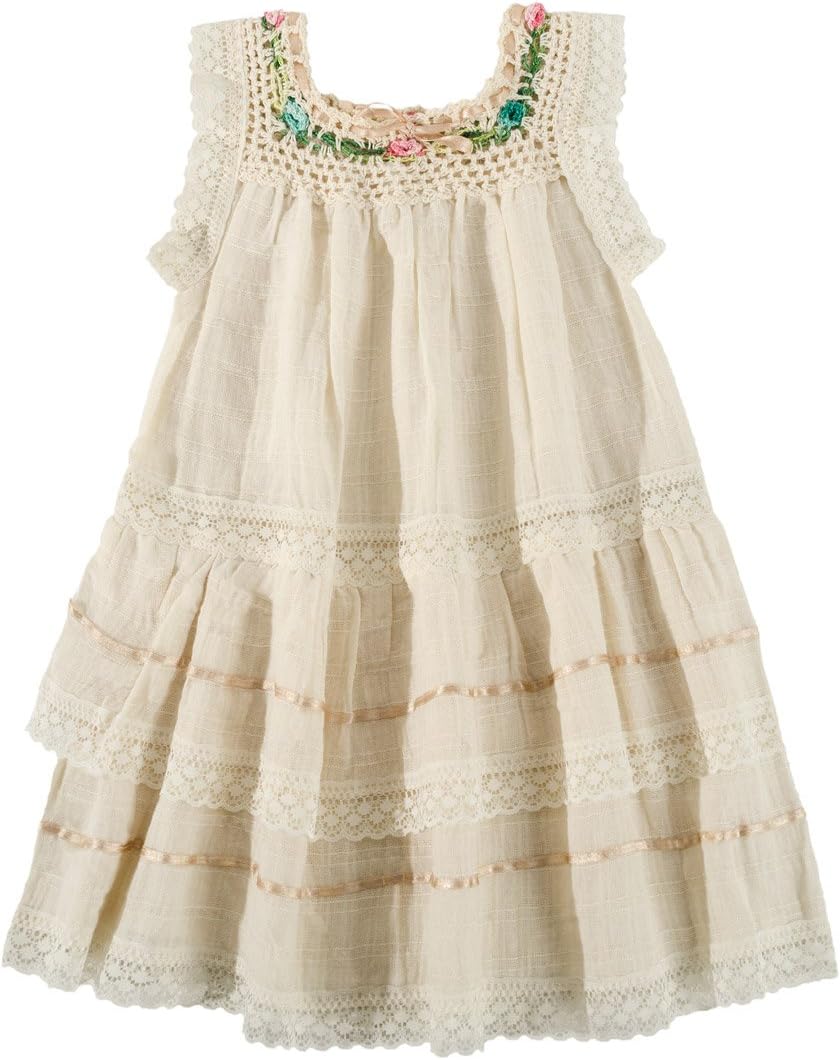 Traditional Baby Girl / Toddler Dress Size 4 Beige with Crochet Neckline