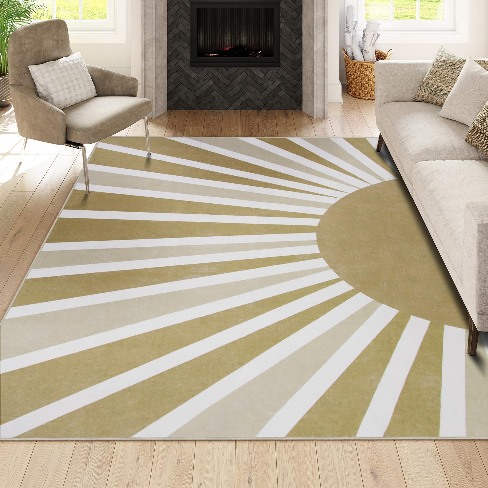 Lahome Rug for Living Room - 5'x7' Area Rug Washable Non-Slip Bedroom Carpet Ultra-Thin Cute Soft Kids Nursery Rug, Boho Rainbow Sun Print