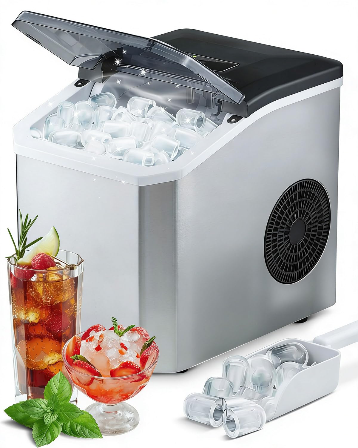 Macchina per il ghiaccio da banco, 9 cubi in 6 minuti, 15 kg in 24 ore, macchina per il ghiaccio per la casa, 2 dimensioni proiettili, 1,5 l, paletta e cestino per ghiaccio, autopulente, portatile
