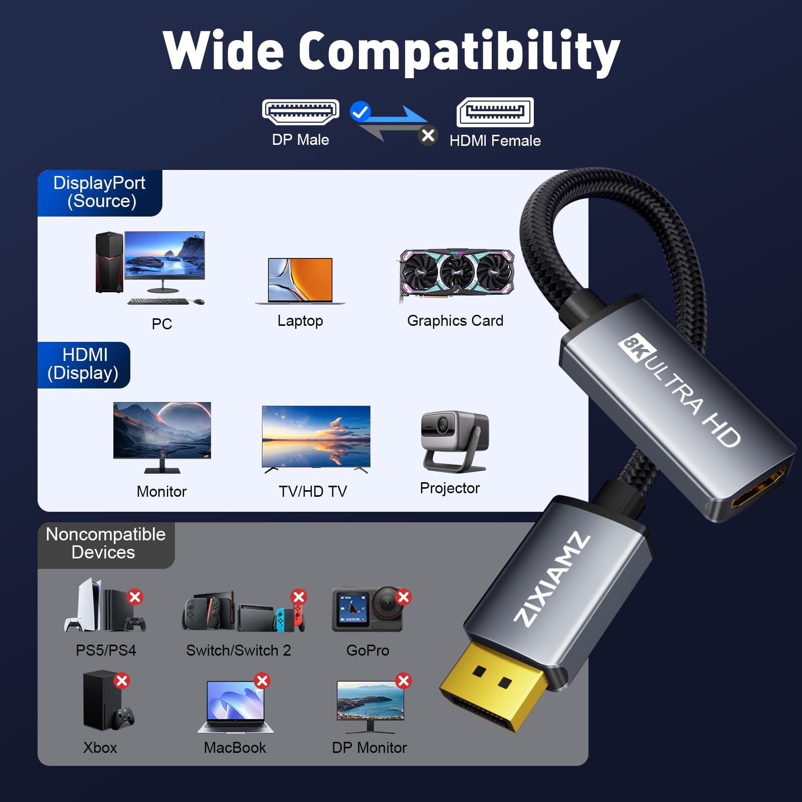 Adaptateur DisplayPort 1.4 vers HDMI 2.1 8K @ 60 Hz/4K @ 120 Hz unidirectionnel DP mâle vers HDMI femelle convertisseur adaptateur de port d'affichage pour AMD, NVIAID, non compatible PS5/Xbox