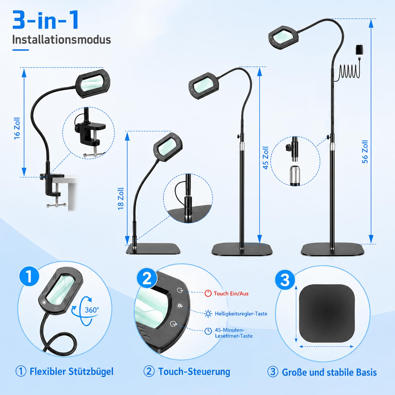 10 lupas con luz y soporte, 3 en 1 lupas de pie con 60 LED, lámpara rectangular de cuello de cisne con abrazadera, 5 modos de color regulable, sin manos, lupa de lectura con luz para personas mayores