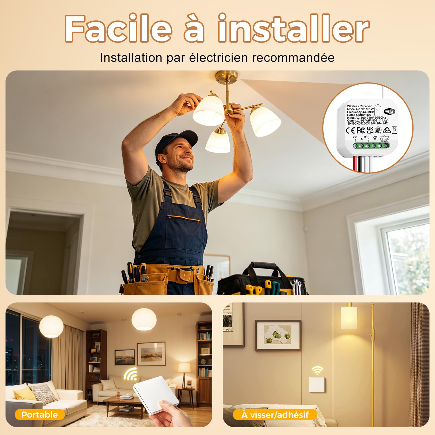 Interrupteur sans fil sans pile, intelligent wifi, interrupteur va et vient sans fil, interrupteur étanche, compatible avec Alexa et Google Assistant, commande vocale et fonction minuterie