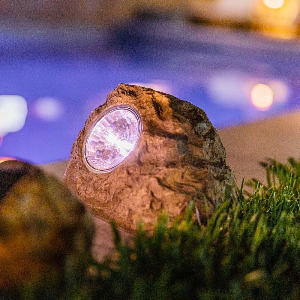 LUMI JARDIN Zestaw 3 solarnych skałek ogrodowych LED do postawienia na stałe białe światło ROCKY BROWN 14 i 9 cm