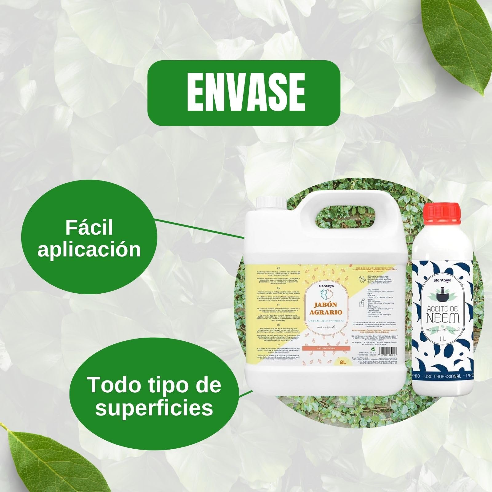 PLANTAWA Pack Ahorro Jabón Potásico 2L + Aceite de Neem 1L | Solución Multiusos | Fácil Aplicación y Máxima Eficacia | Versátil | Uso en Interior y Exterior | Productos de origen natural