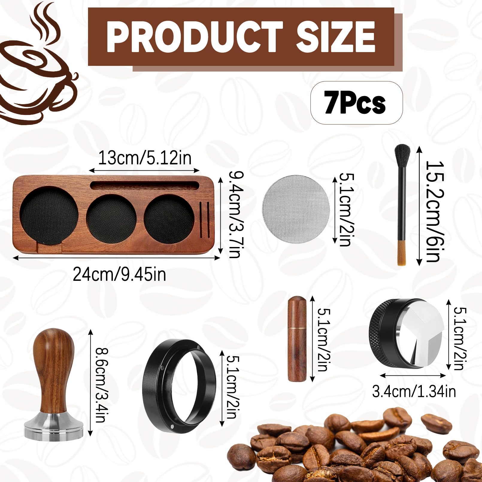 Juego de accesorios para café expreso de 51 mm, juego de 7 piezas – Tamper, distribuidor, anillo dosificador, herramienta WDT, cepillo, pantalla de disco y tamping para portafiltros, juego