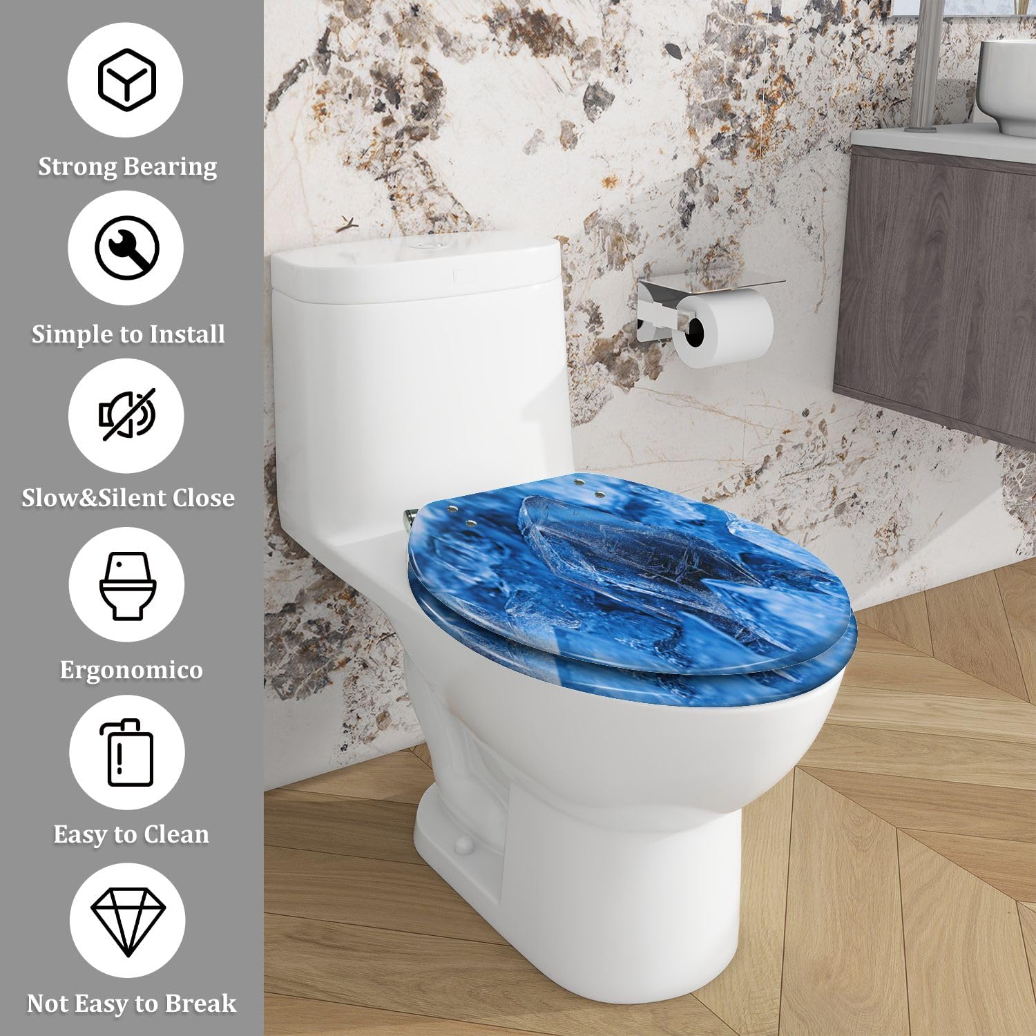 Copriwater allungato con chiusura ammortizzata e cerniere a sgancio rapido, in resina blu vetriolo solfato di rame, decorativo.