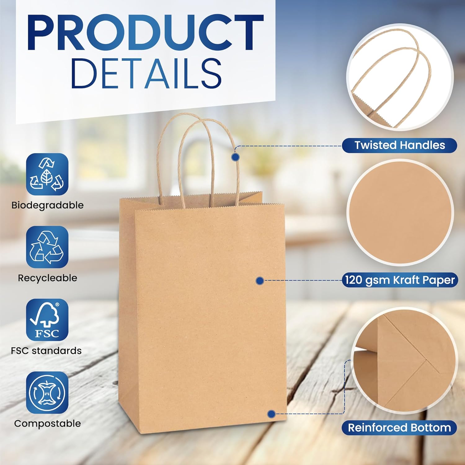 SNH Packing 100 Pcs 5.25x3x8 Inch Kraft Paper Gift Bags with Handles Brown Grocery Bag Small Size Ideal bags for small business, Party Favor, Bulk Retail & Shopping - Image 3