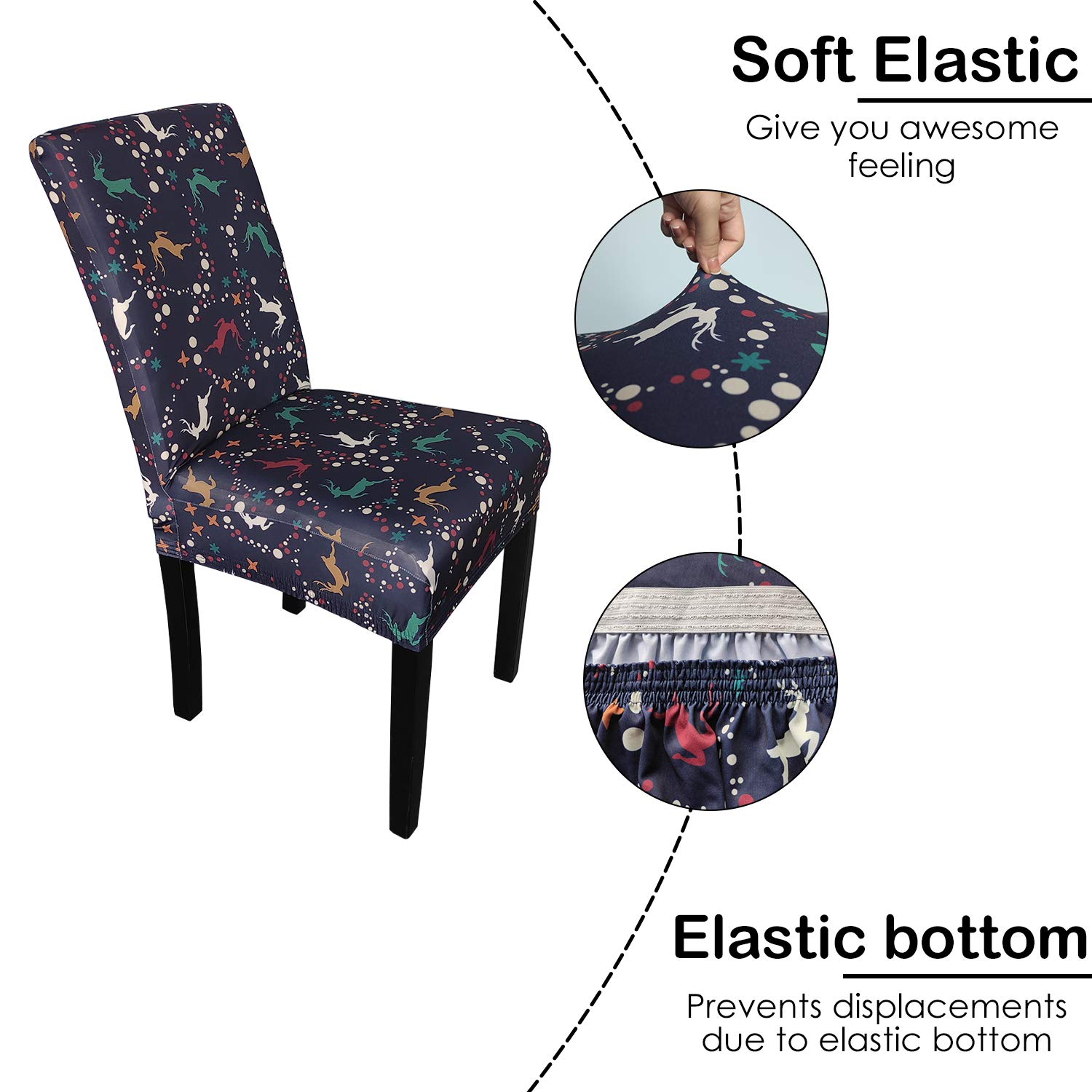 Trimming Shop Chair Covers Christmas Dining Chair Protector, Stretch Removable Washable Spandex Slipcovers for Kitchen, Banquet Chairs, Ceremony, Hotel, Reindeer Printed, Navy Blue, 4pcs