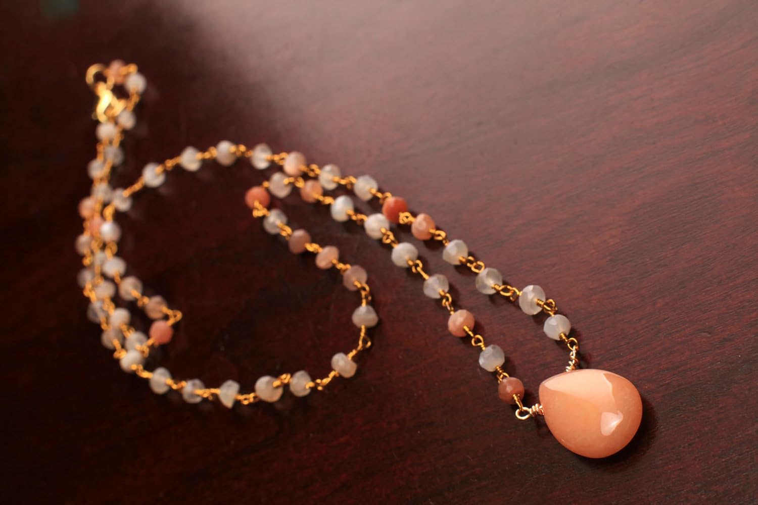 Multi Moonstone Wire Wrapped Rosary Necklace with Peach Aventurine Pendant 16" Necklace - Image 3
