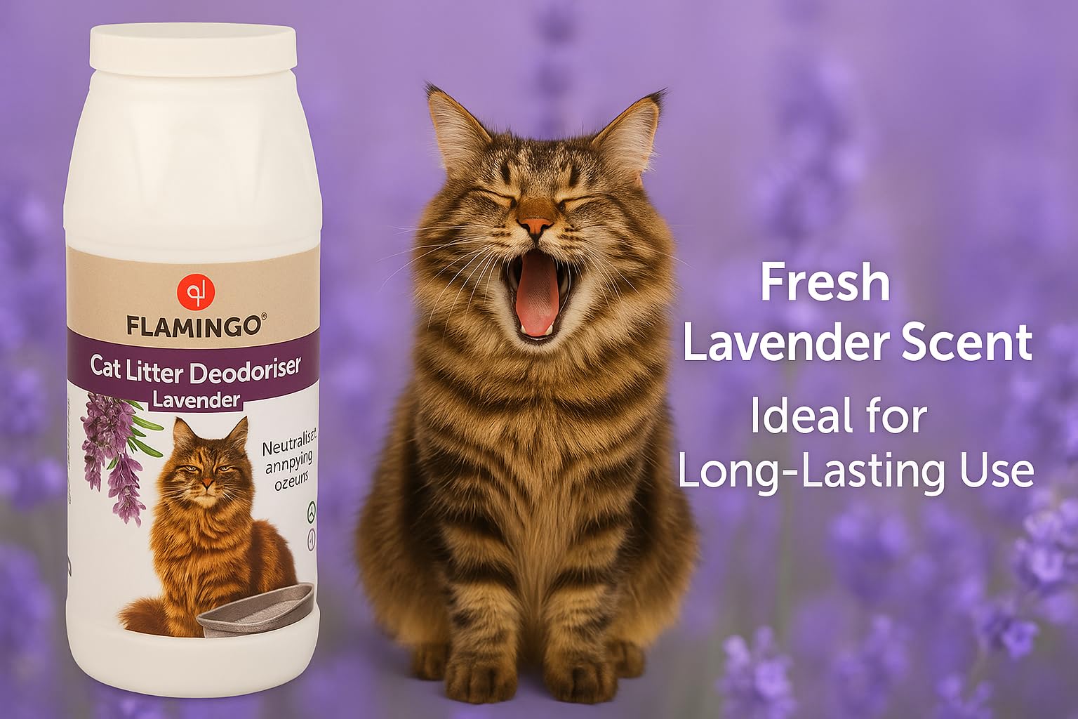 Flamingo Neutralizador de Olores Gatos – con Relajante Aroma a Lavanda – 750g – neutraliza los olores desagradables – asegura una Bandeja Siempre Fresca y Limpia (Paquete de 6)