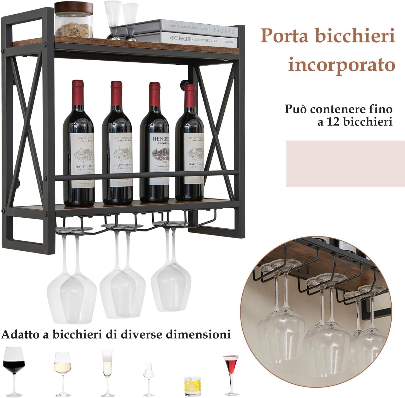 GYMAX Portabottiglie di Vino da Parete, Scaffale da Parete con Portabicchieri, Mensola a Soffitto con Telaio in Metallo, Portavino Cantinetta Vino per Cucina Bar Ristorante (Stile 2)