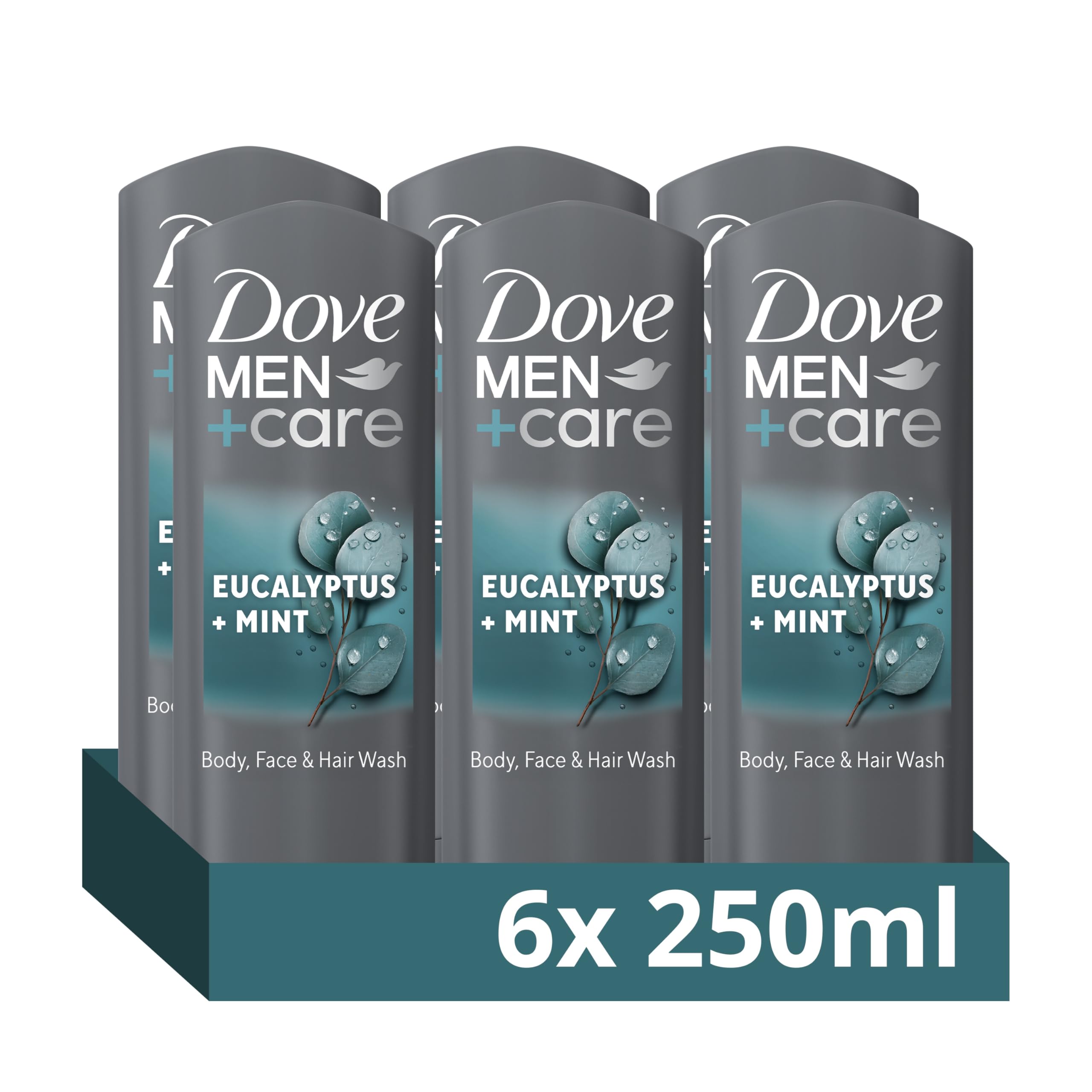 Dove Men+Care Eucalyptus + Mint 3-in-1 Hair, Face and Body Wash Body Cleanser shower gel with MicroMoisture technology for 24 hour nourishment 6x 250 ml