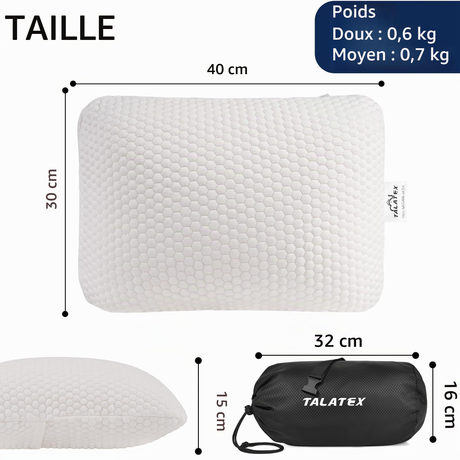 Talatex Oreiller de Voyage et Oreiller de Camping, 100% Latex Naturel Premium, léger et Facile à Transporter, avec Sac de Compression et Housse Amovible Lavable (40 * 30 * 15cm, Doux)
