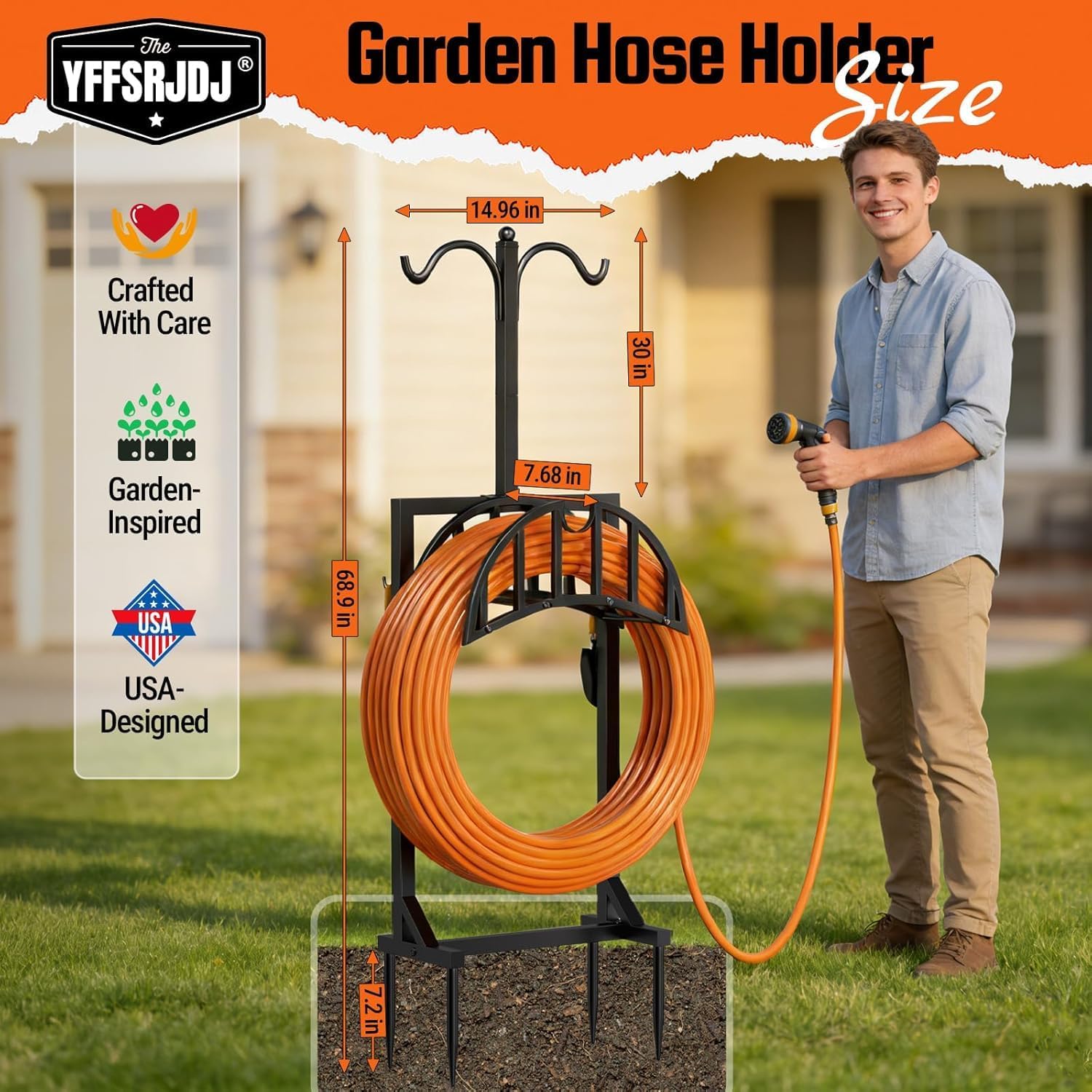 2 Pack Garden Hose Holder, Water Hose Stand for Outside with 4 Stake and 2 Shepherds Hooks, Freestanding Hose Storage Holds 150Ft, Heavy-Duty Metal Hose Hanger Rack for Yard, Lawn, Farm image 2