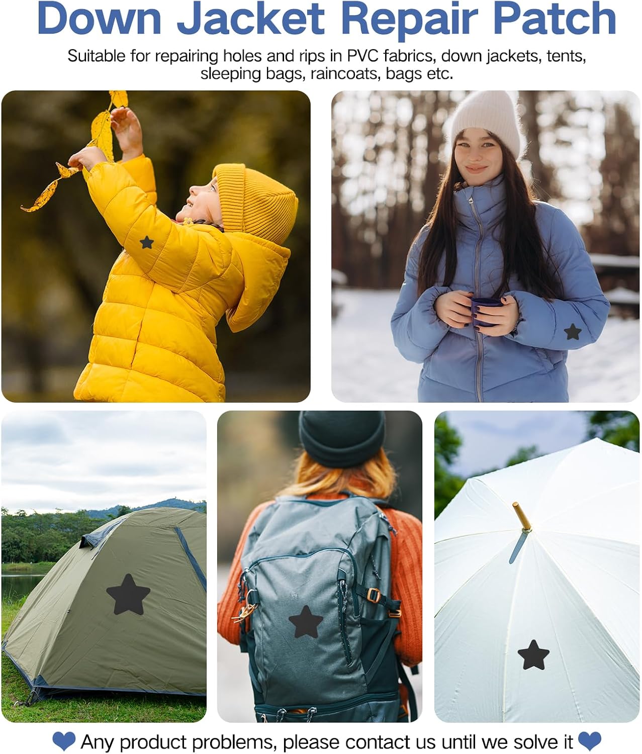 20Pcs Down Jacket Repair Patches Waterproof Self Adhesive Pre-Cut Nylon Repair Patches Kit for Jackets Coats Clothing Tents Sleeping Bags, Star