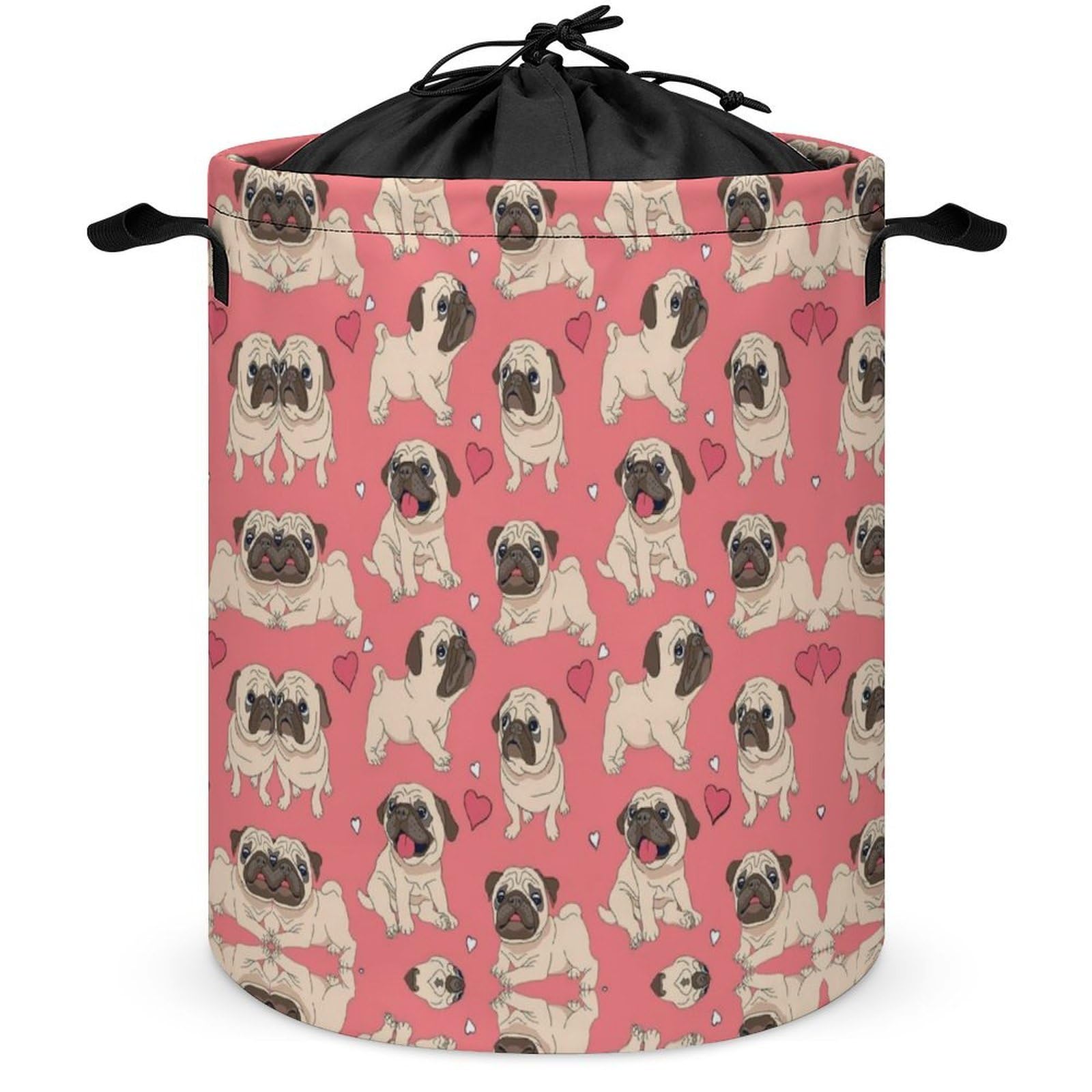 Wlntrophic Drawstring Laundry Hamper, Pug And Pink Background Laundry Basket, Washing Basket with Handle