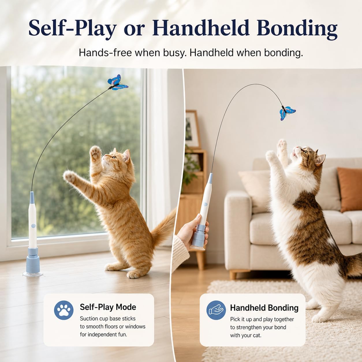 Rechargeable Butterfly Cat Toy for Indoor Cats, Electric Cat Wand with Suction Cup Base, 2 Play Modes, Self-Play & Handheld Cat Wand with 5 Cloth-Buckle Butterfly Refills, Blue