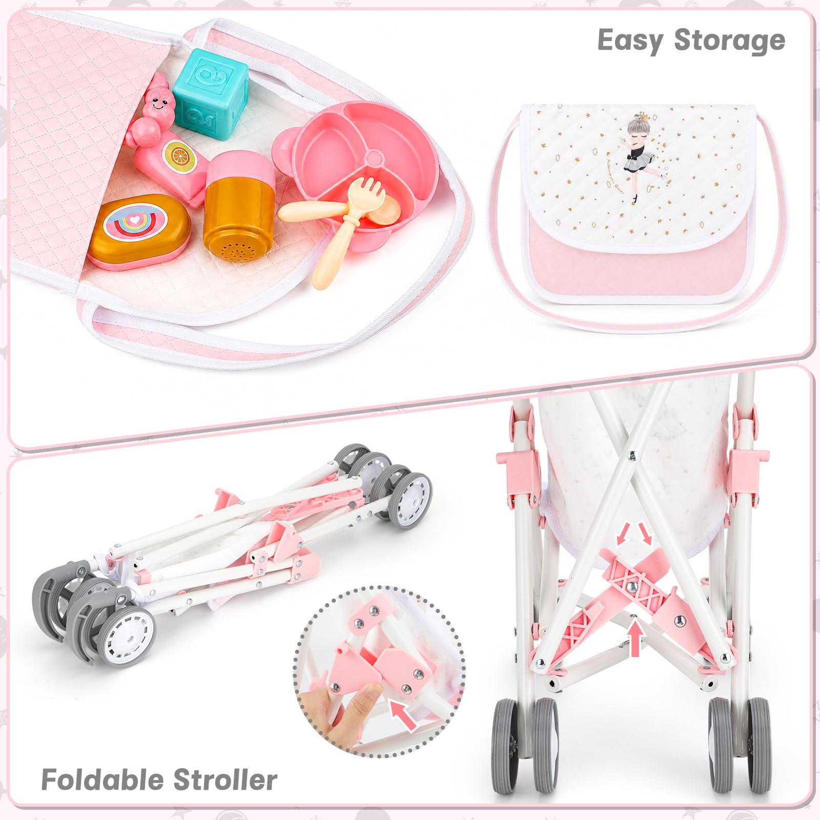 deAO 20 PCS Juego de Muñecas y Accesorios, Regalo para Niñas de 3 Años | Cochecitos, Cuna, Bolsos, 30CM Muñeca de Bebe, Arco de Juegos, Hamaca y Accesorios, Set de Juego con Muñecas de Rol Realista