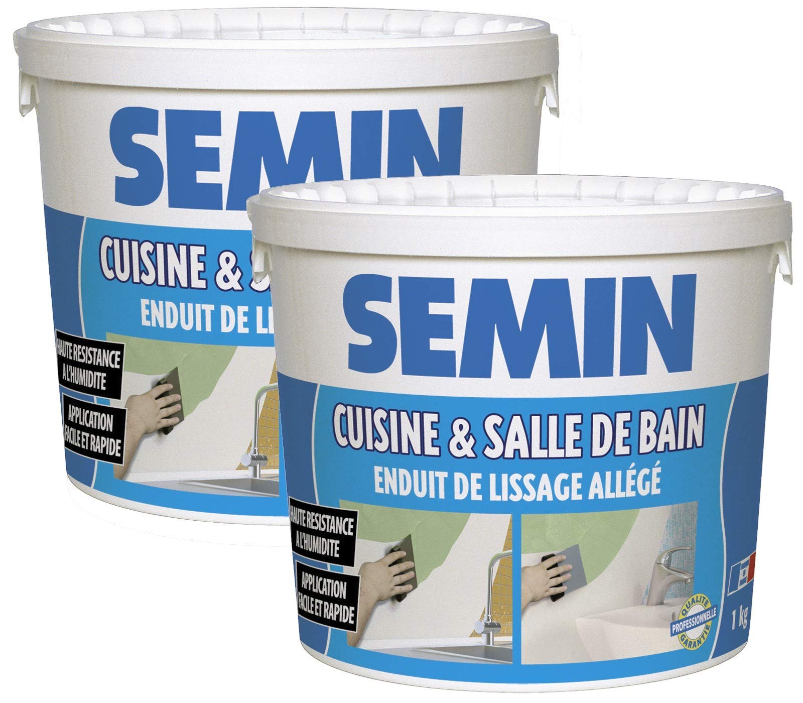 Semin A04733 Enduit de Lissage Cuisine et Salle de Bains, Adapté aux Pièces Humides, Seau de 1 kg (Lot de 2)