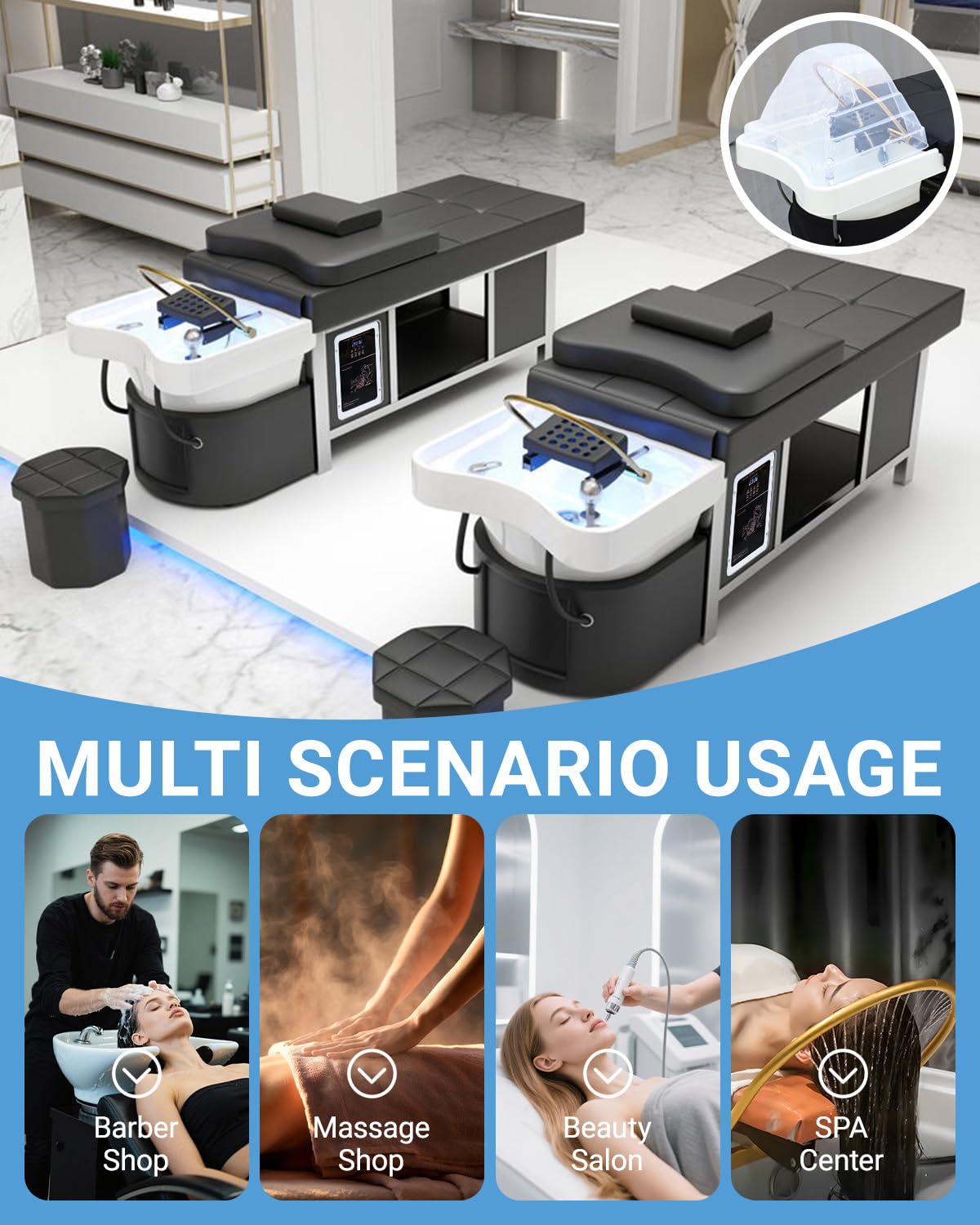 Lettino Professionale per Spa Del Cuoio Capelluto, Tavolo per Shampoo Giapponese con Vaporizzatore E Sistema Di Circolazione Dell'Acqua, Stazione per Massaggi E Cura Del Cuoio Capelluto per