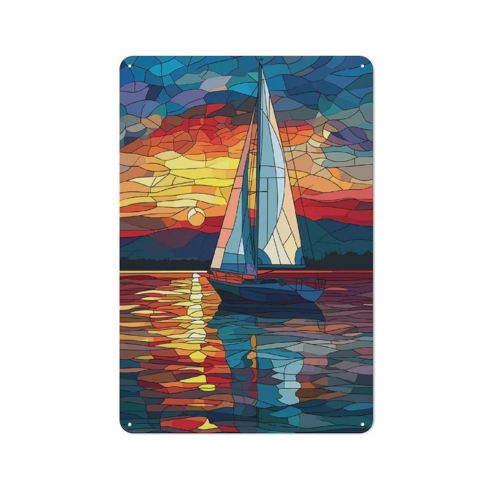 Junmoney Sailboat Stained Glass Farmhouse Metal Sign 30X20cm, Rustic Cottage Wall Art For Cottage, Kitchen, Hallway Or Breakfast Nook