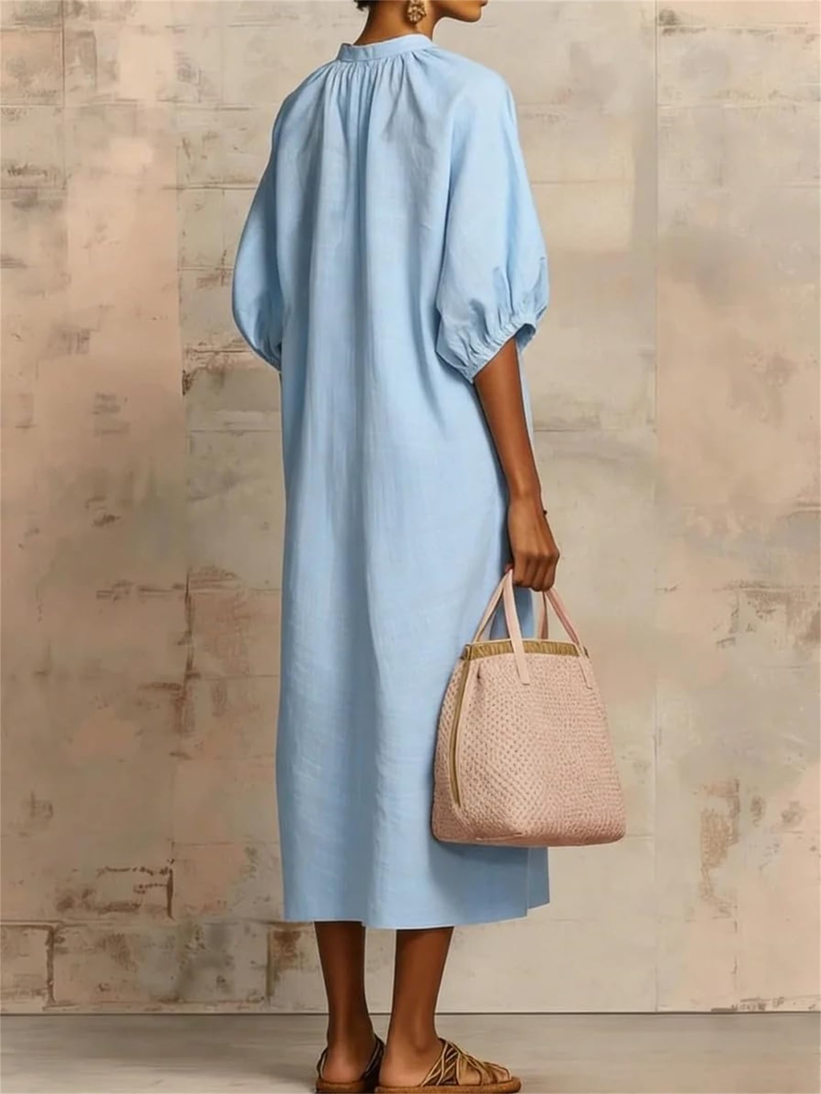 Abito Midi dalla vestibilità Ampia con Collo Diviso e Maniche a Sbuffo | Abito primavera-estate casual ampio con scollo a V e abito da vacanza casual con tasche