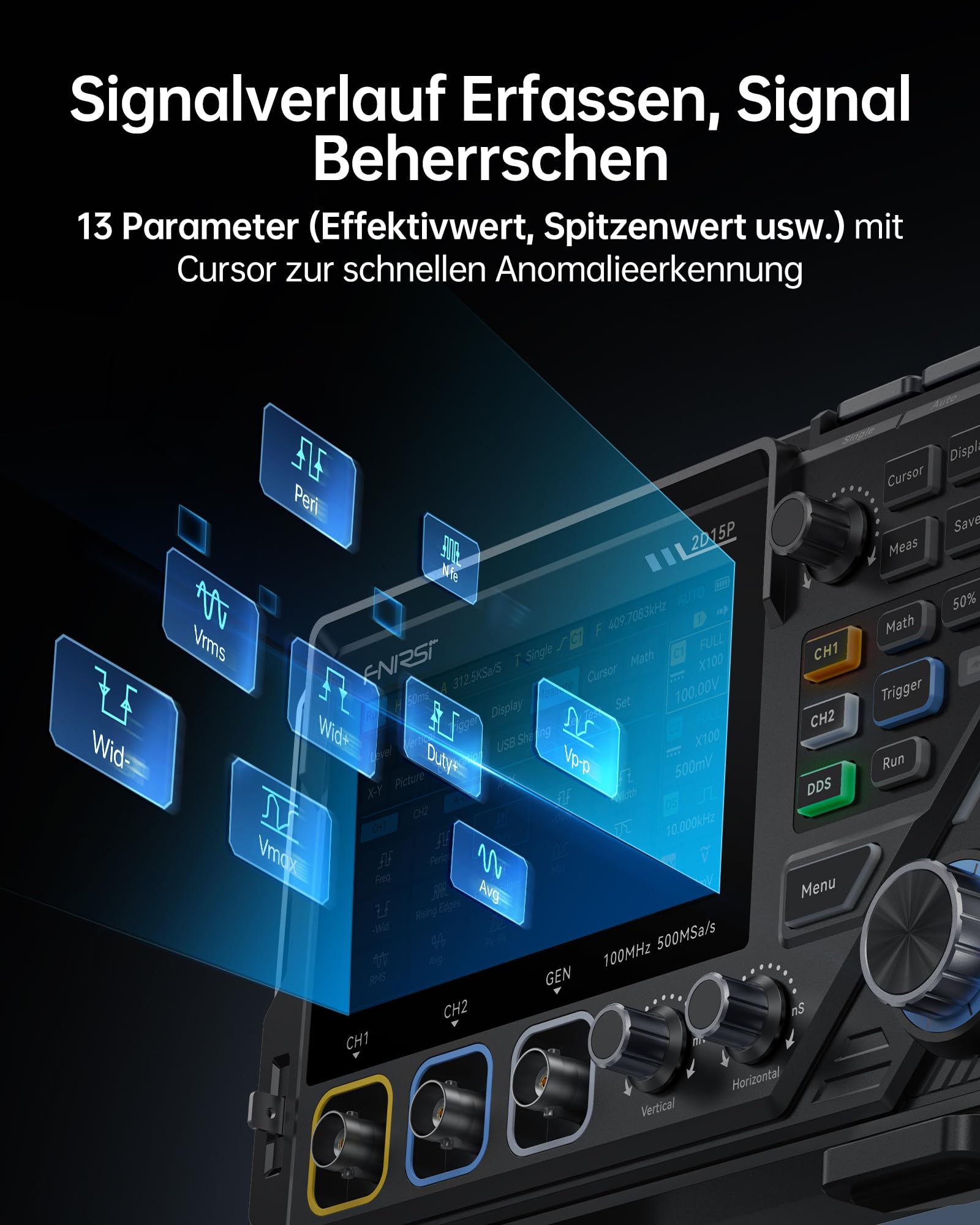 FNIRSI 2D15P 100MHz Digitales Oszilloskop Multimeter DDS-Signalgenerator 3 in 1, 2CH Oszilloskop Multimeter für die Automobilindustrie 19.999 TRMS-Zählwerte, 500MS/s Abtastrate, 4,3 Zoll Touchscreen