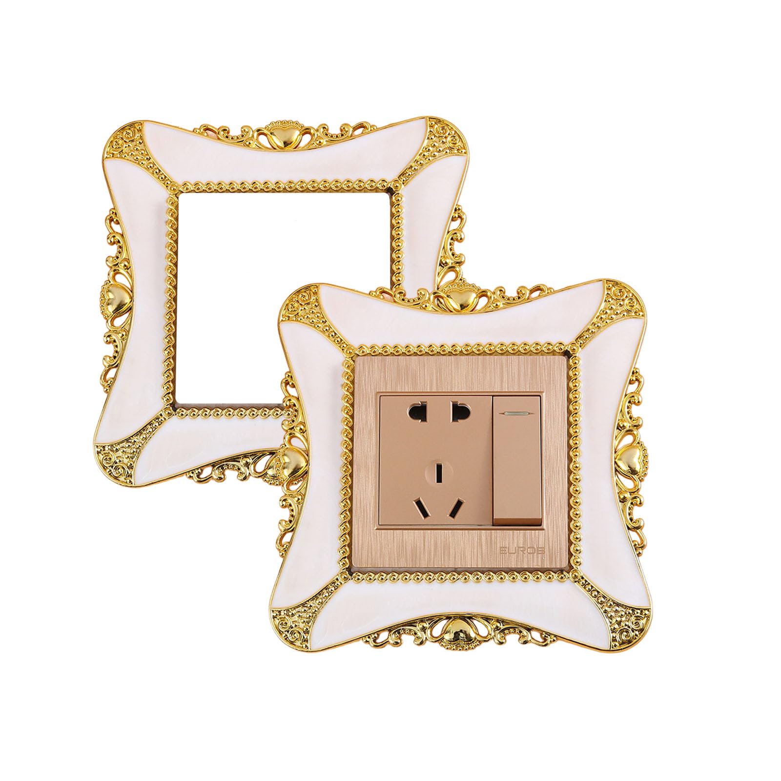 Dwuent White Gold Light Switch Surround, Decorative Light Switch Cover Self-Adhesive Modern Frame With Gold Pattern, Easy Peel & Stick For Wall Switch Plates, 2 Pack,
