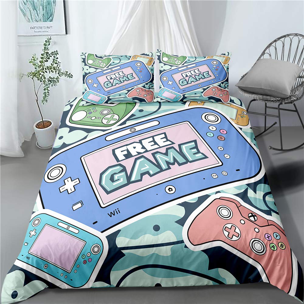 3D Gaming Gamepad Set Biancheria da Letto con Cerniera, 2/3 Pezzi Ragazzo Uomo Video Gioco Controller Copripiumino Microfibra Poliestere Autunno Inverno (Blu 2,200 x 200cm)
