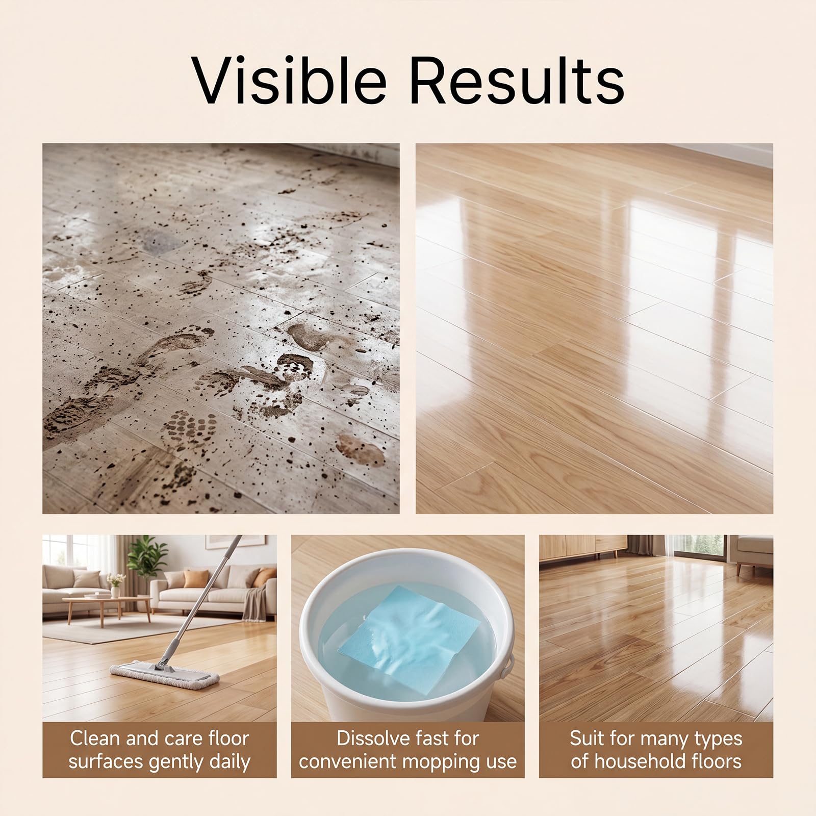 Multiply Effect The Floor Clean Sheet, 100 pastillas de limpieza de suelos, hojas solubles en agua, para suelos de madera, 8 unidades