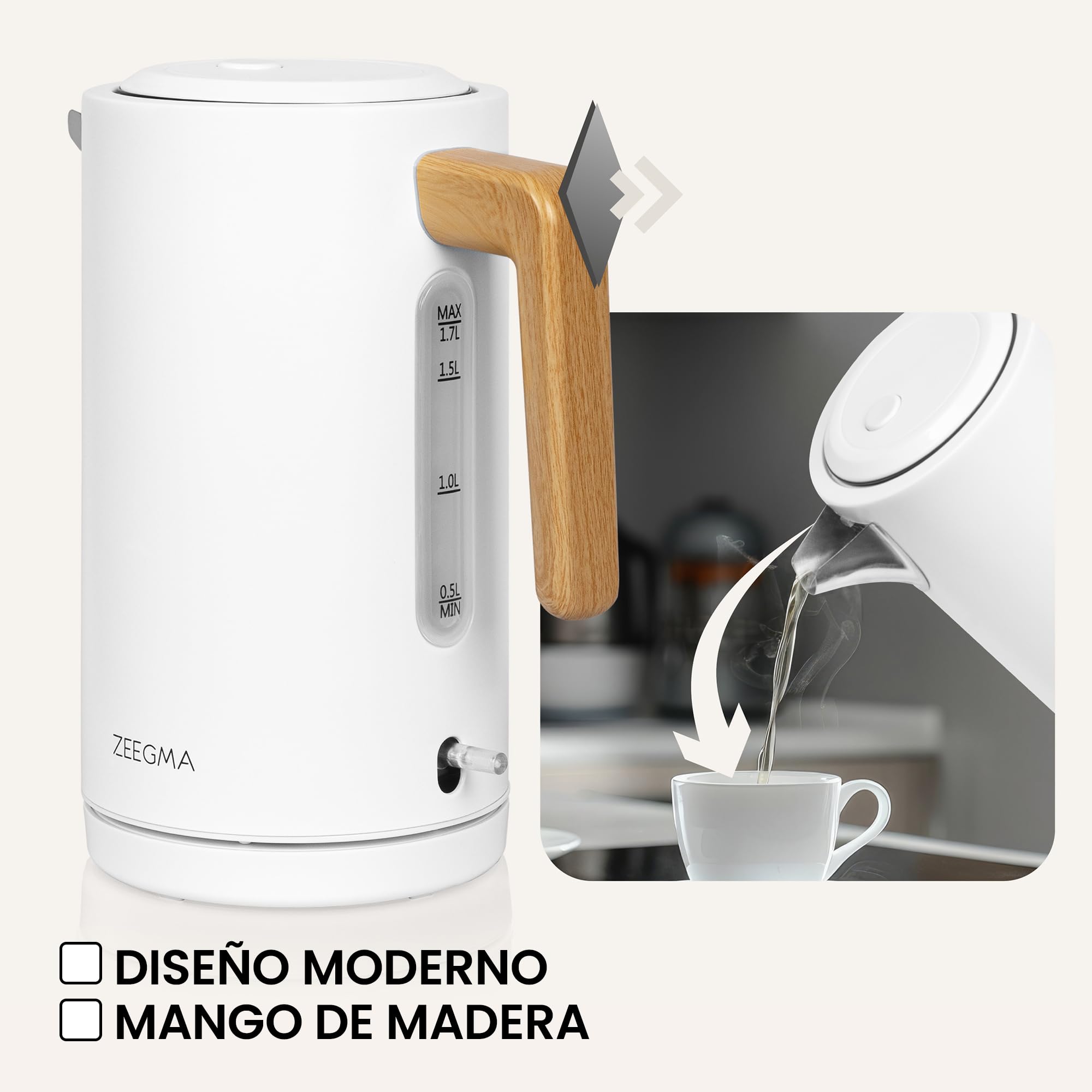 ZEEGMA KETLEE Hervidor de Agua Eléctrico Inalámbrico de 1,7 l para Té Café, Potencia de 2200 W, Indicador de Nivel de Agua, Apagado Automático, Acero Inoxidable Diseño Elegante Moderno