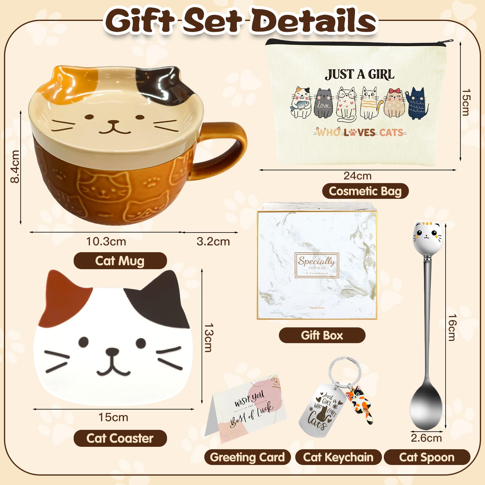Regalo Donna Gatto, Set Tazza Gatto Divertente, Tazza da Caffè Tè Ceramica Kawaii con Coperchio e Cucchiai, Idee Regalo Donna Personalizzato per Amica Fidanzata Moglie Compleanno Natale