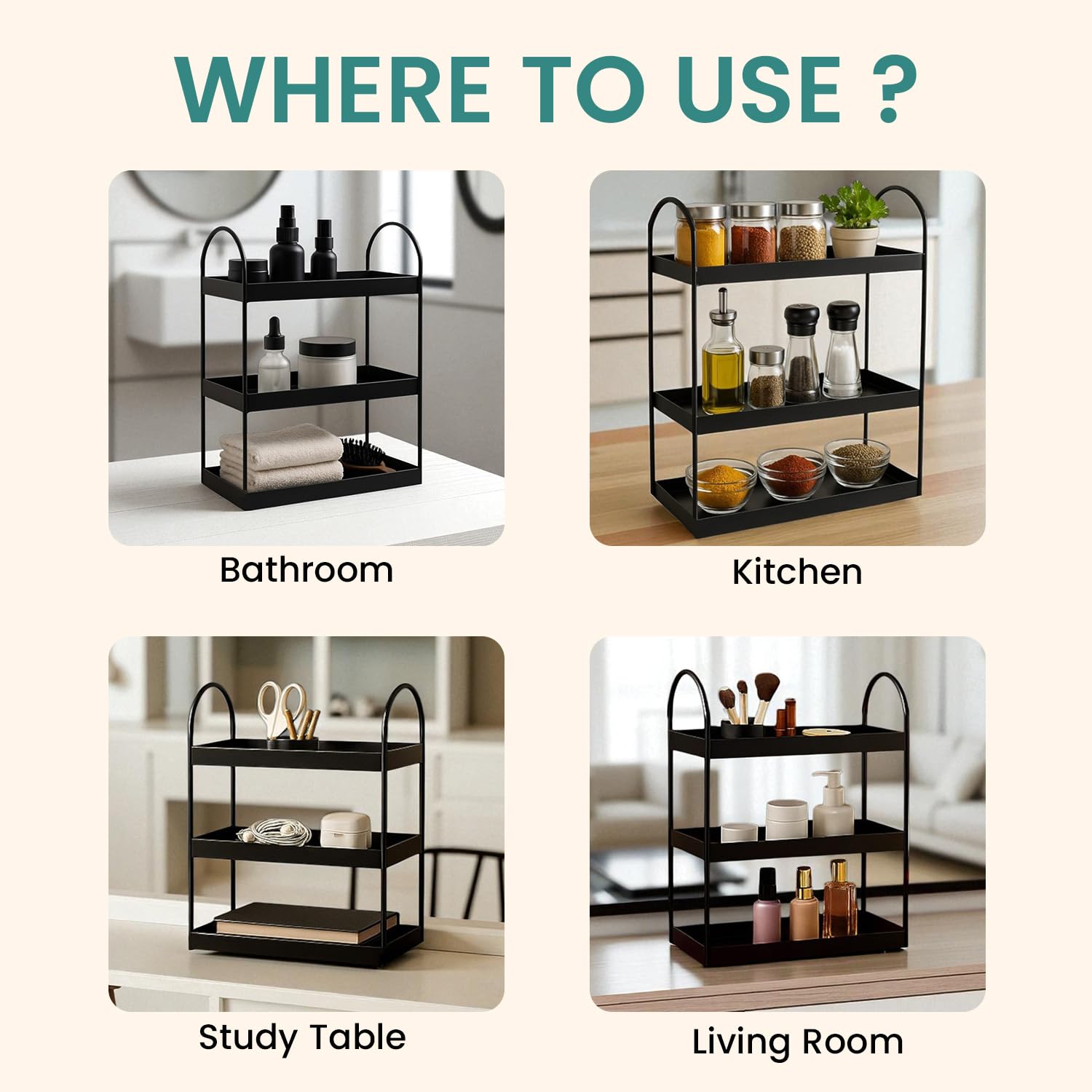 Go Hooked 3 Tier Curved Metal Vanity Organizer – 45cm Tall Countertop Storage Rack for Bathroom, Dressing Table & Desk | Powder Coated Rust-Resist Iron | Freestanding Space-Saving Shelf (Black) 3